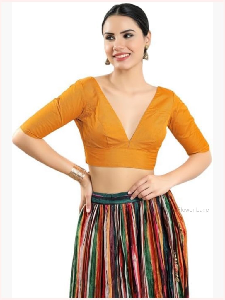 Dupion Silk V-Neck Short Sleeve Saree Blouse Top Hook & Eye Tie-Up Back